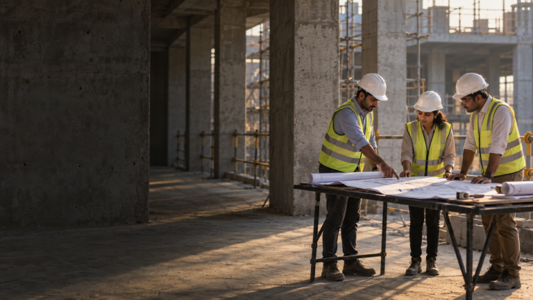 Engineering team reviewing plans on site